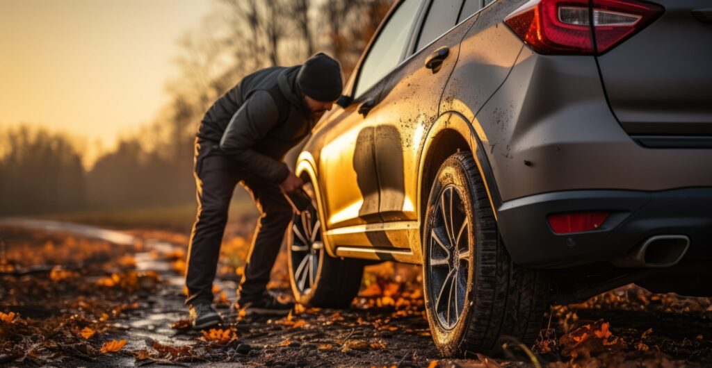 A person checking tire pressure on a vehicle during fall, surrounded by autumn leaves, as part of pre-game tailgate preparation.