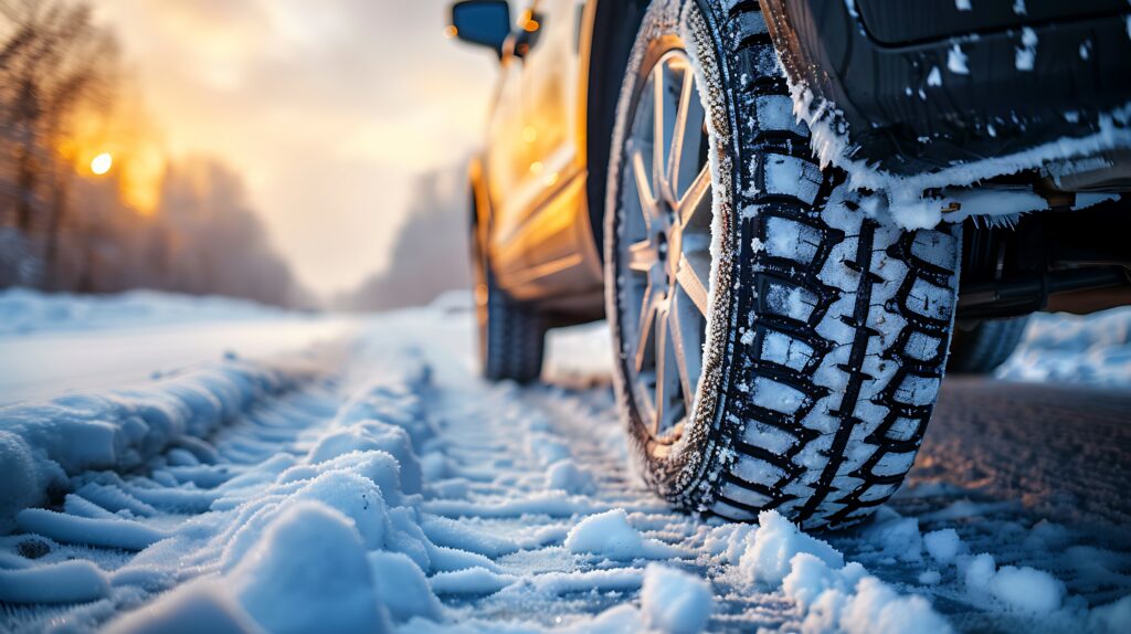 Close-up of a car's tires driving through a snow-covered road in winter.